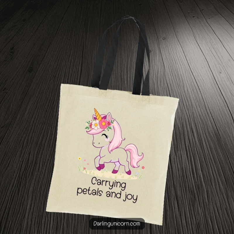 Funny tote bag depicting a unicorn adorned with a flower crown, happily prancing in a lush meadow, for stylish errands.