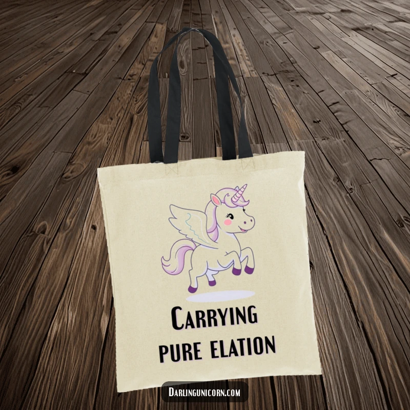 Funny happy unicorn with wide-spread wings, galloping energetically on a durable and fashionable tote bag.
