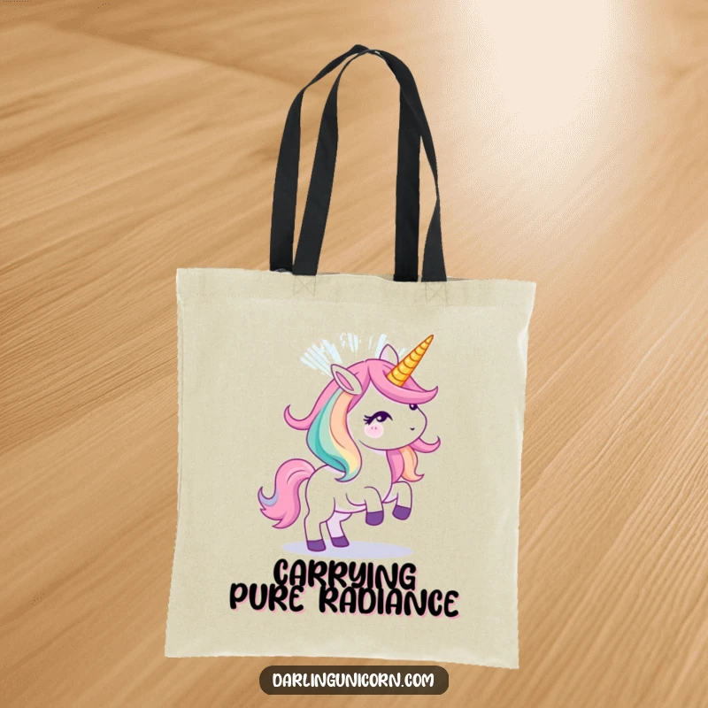 Funny tote bag with a unicorn creating a dazzling light show from its horn, perfect for carrying magical items.