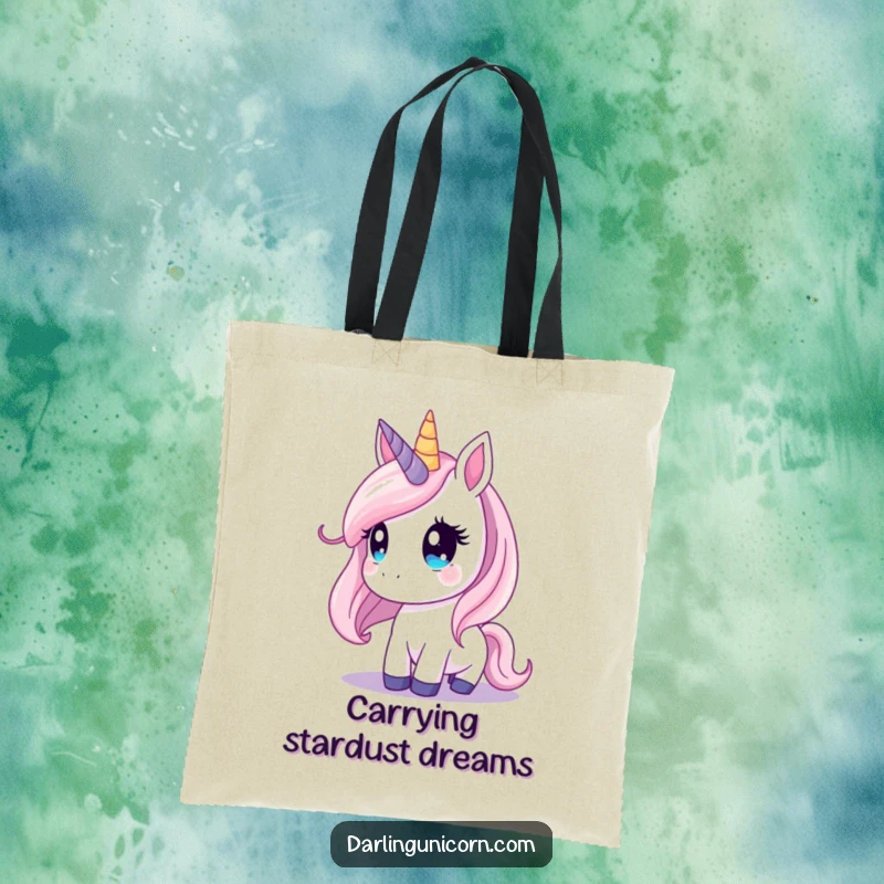 Funny unicorn tote bag with a unicorn gazing contemplatively at a vast, star-filled night sky.