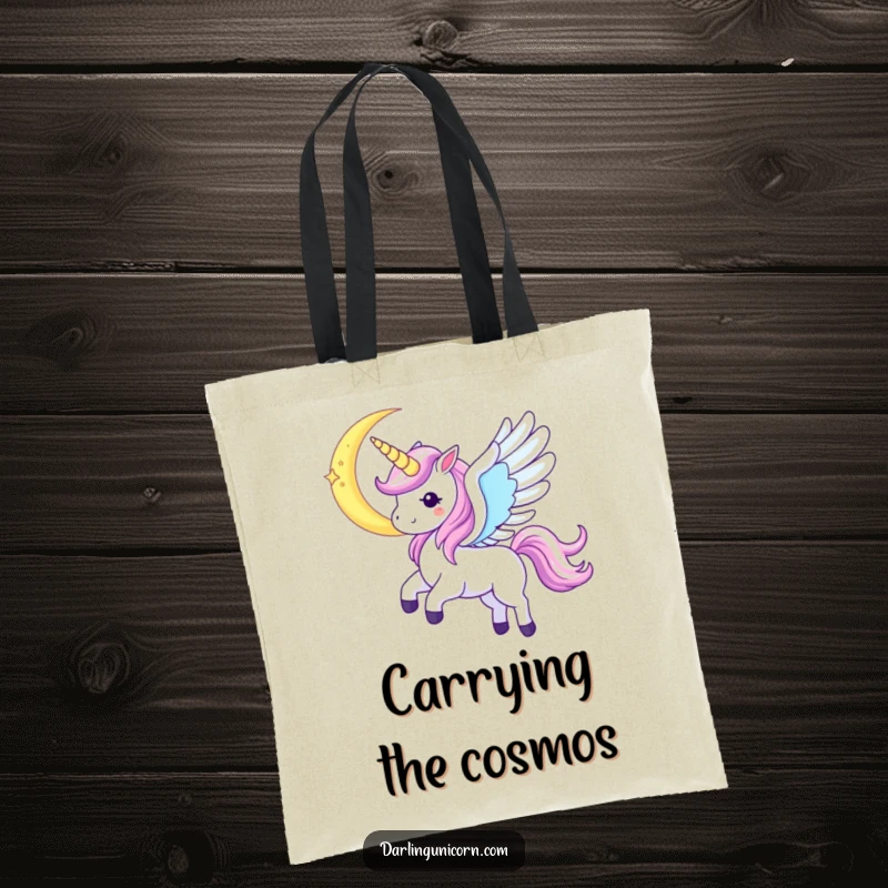 Funny Kawaii Unicorn Tote Bag: A unicorn with iridescent wings soars near a crescent moon, carrying cosmic magic.