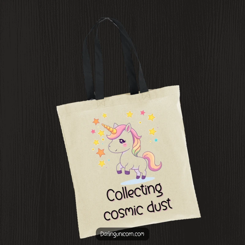 Funny tote bag showcasing a unicorn juggling luminous star fragments with its horn, ideal for carrying items with a magical flair.