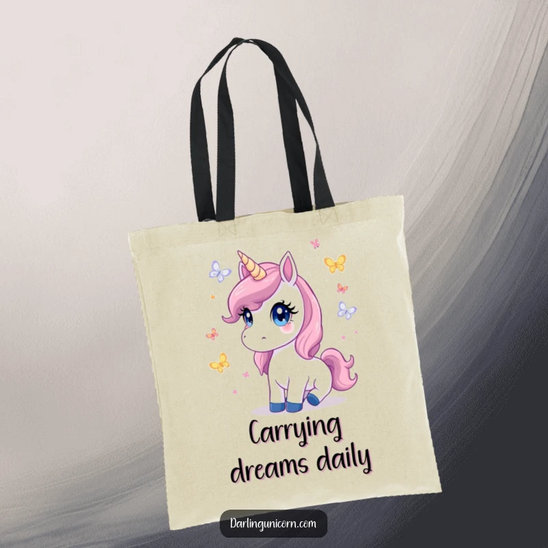 Cute tote bag featuring a unicorn with innocent eyes watching butterflies flutter, a charming and practical accessory.