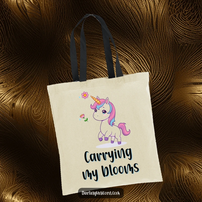 Funny tote bag depicting a unicorn playfully tossing a flower, ideal for carrying items with a dose of cheer.
