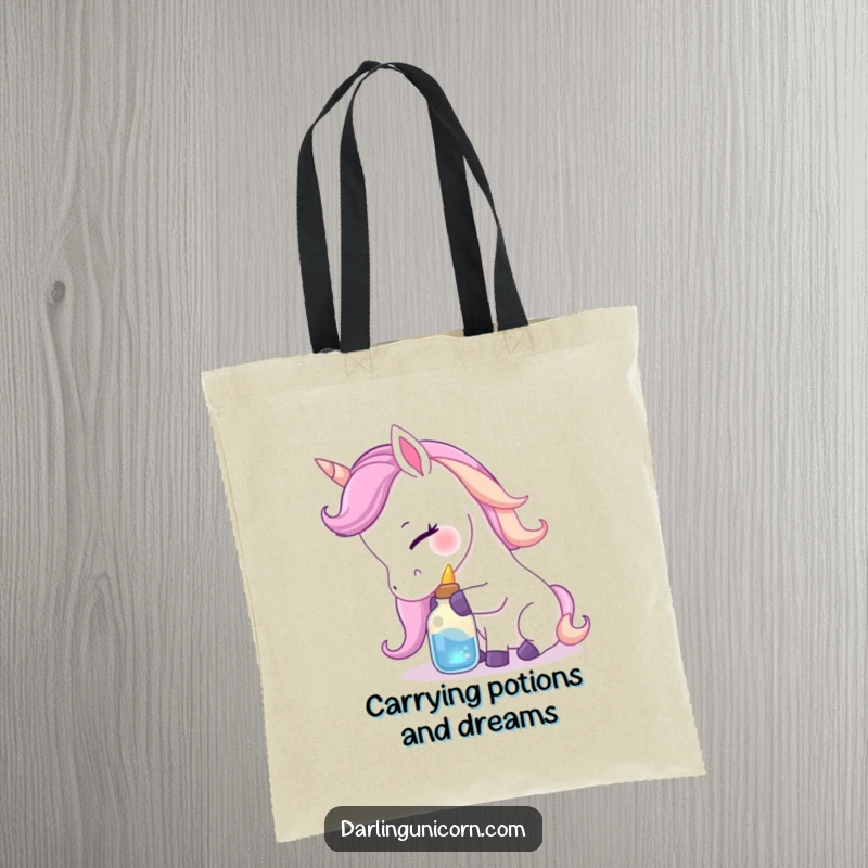 Funny tote bag with a gentle unicorn nuzzling a small, luminous potion bottle with affection, a perfect blend of cute and practical.