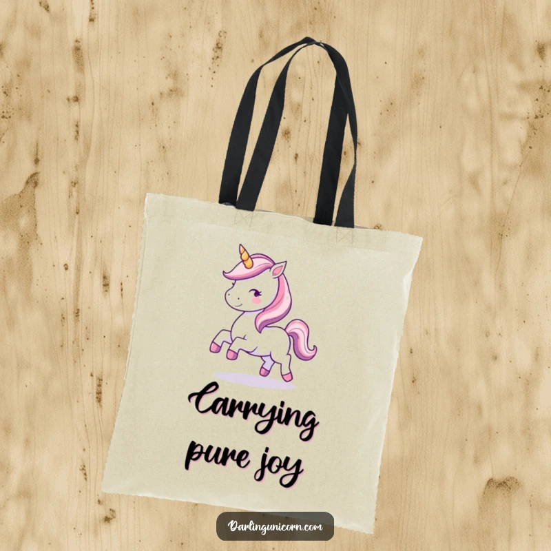 Funny tote bag showing a kawaii unicorn with a sparkling horn, joyfully prancing, perfect for carrying magical treasures.