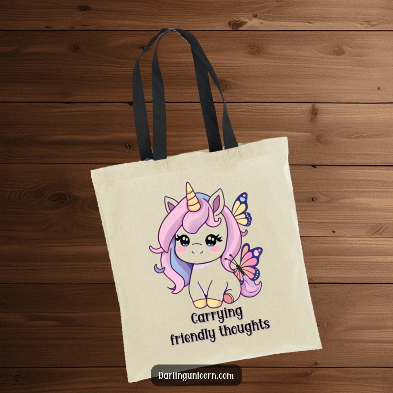 Funny tote bag with a kind unicorn nudging a butterfly, ideal for carrying items and spreading gentle messages.