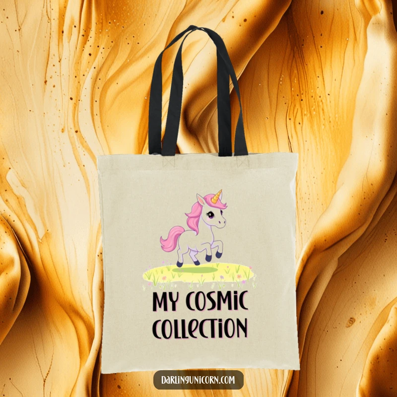 Funny Tote Bag illustrating a unicorn with a shimmering starry mane, gallantly galloping through a field of dreams.