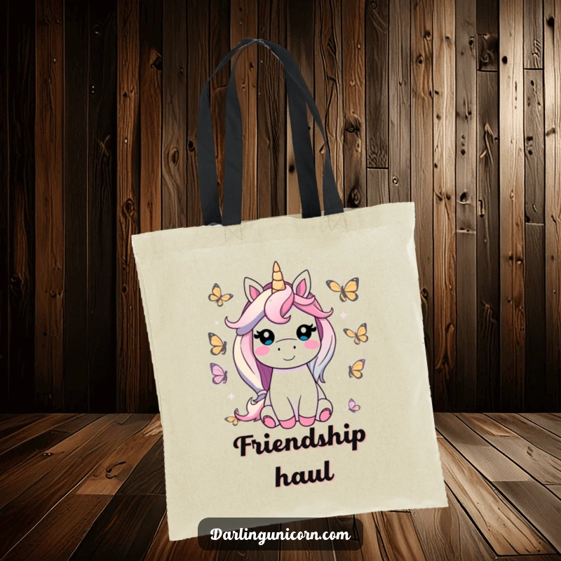 Funny unicorn tote bag depicting a contented unicorn smiling, surrounded by friendly butterflies, perfect for carrying essentials with cheerful magic.
