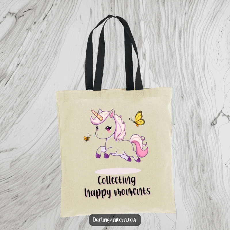 Funny tote bag showcasing a unicorn leaping energetically while playing tag with a mischievous butterfly, perfect for carrying daily essentials.