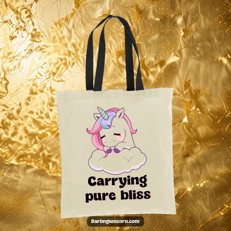 Funny tote bag featuring a unicorn nuzzling a cloud with a contented sigh, perfect for carrying essentials with a touch of whimsical joy.