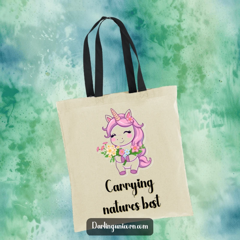 Funny Tote Bag showing a happy unicorn holding a lush flower bouquet, smiling brightly, perfect for everyday charm.