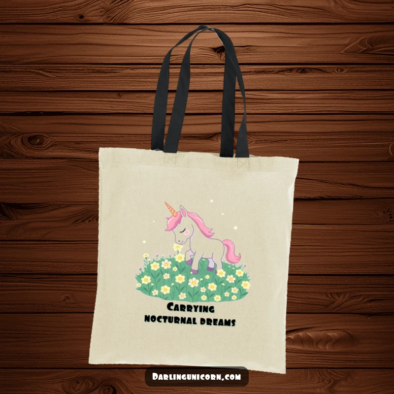 Funny unicorn tenderly nuzzling a field of radiant moonflowers on a stylish and practical tote bag.