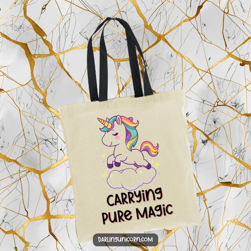 Funny tote bag with a cute unicorn with a rainbow mane leaping joyfully over a sparkling cloud, adding whimsical flair.