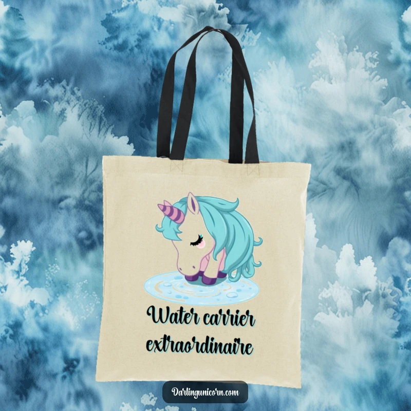 Funny unicorn tote bag depicting a refreshed unicorn drinking from a crystal clear stream, perfect for carrying essentials with a peaceful vibe.