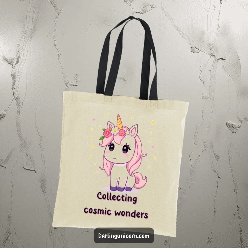 Funny unicorn with a flower crown looks surprised as shimmering stardust falls in a magical cascade.