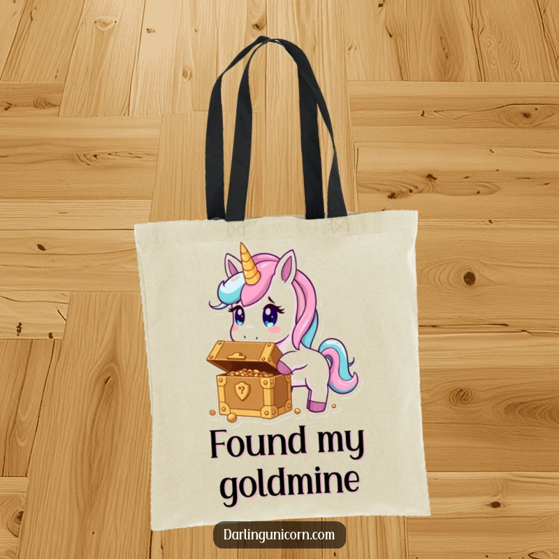 Funny tote bag with a wide-eyed unicorn marveling at an open treasure chest full of riches.