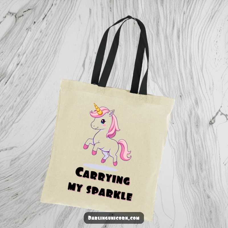 Elegant tote bag featuring a unicorn gracefully twirling with a magical horn trail, a stylish and enchanting accessory.