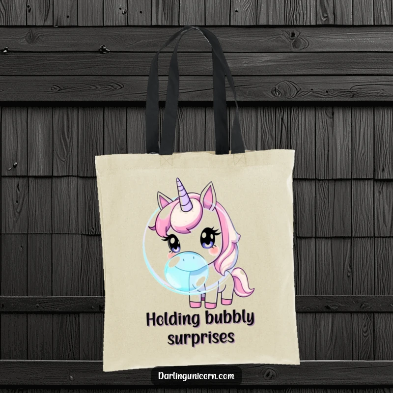 Funny unicorn with large, inquisitive eyes gently sniffing a huge, iridescent bubble, ready for any errand.