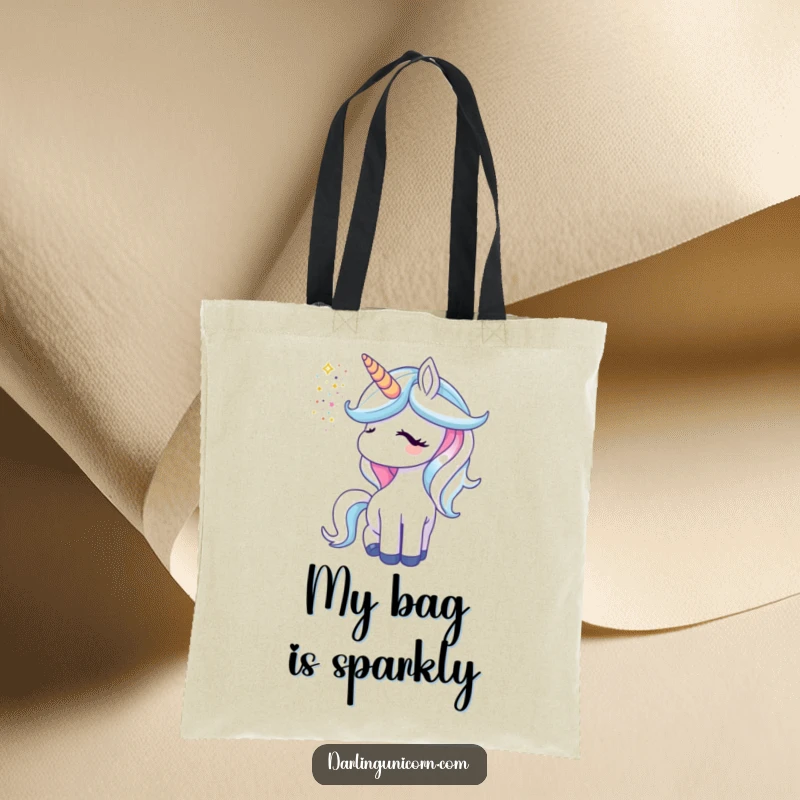 Funny unicorn tote bag with a unicorn blowing a spectacular shower of glitter from its horn.